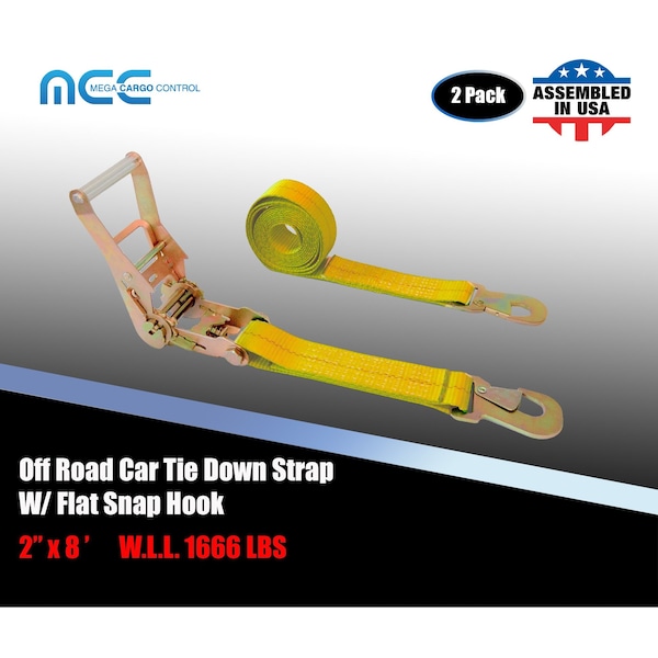 2" x 8' Ratchet Tie Down Strap w/ Flat Snap Hook Car Auto Hauler Tow Truck Yellow, 2PK